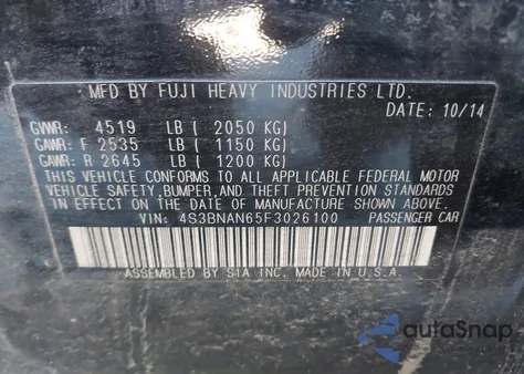 2015 Subaru Legacy 2.5I Limited из США, поврежденный, VIN 4S3BNAN65F3026100